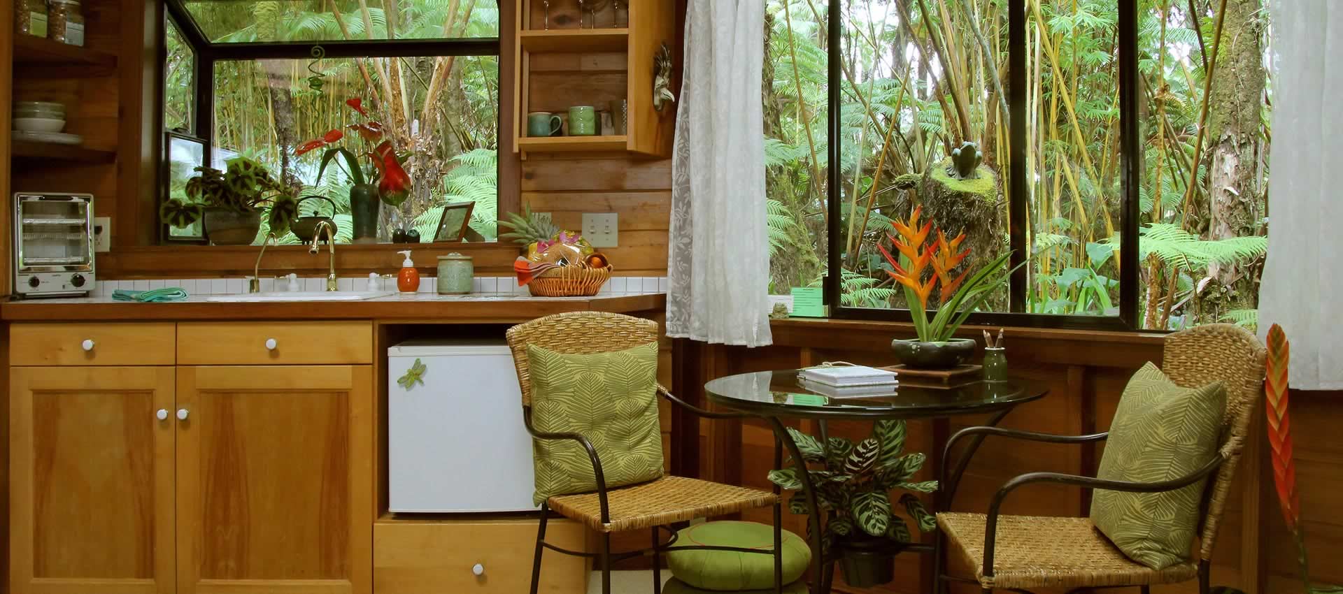 Forest House kitchenette with small refrigerator