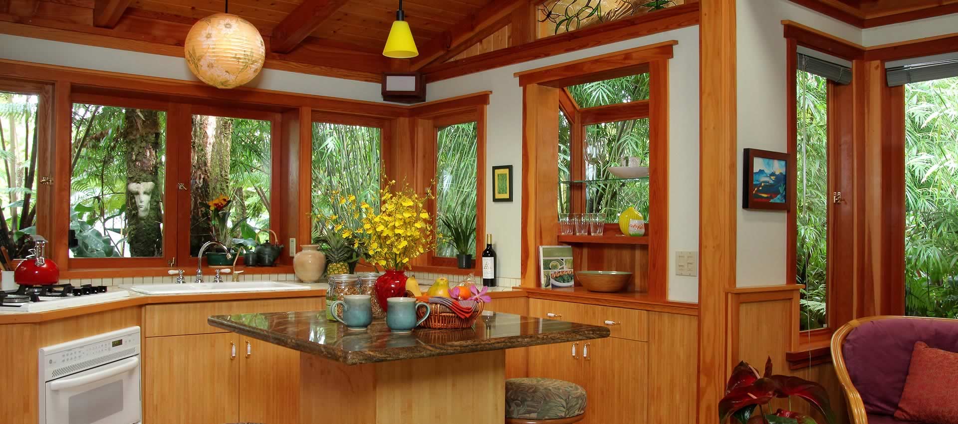 Bamboo Guest House kitchen with island dining area