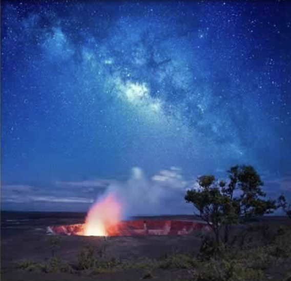 Lava glow at Kīlauea crater under the Milky Way in Volcano Hawaii during Spring Break